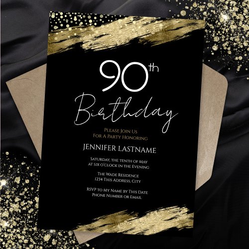 90th Birthday Party Gold Black Invitation