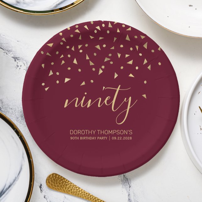 90th Birthday Party Gold Confetti Burgundy Paper Plates (Creator Uploaded)
