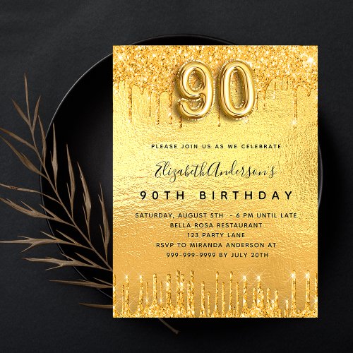 90th birthday party gold glitter drips invitation