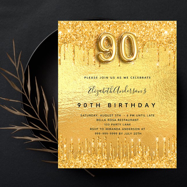 90th birthday party gold glitter drips invitation postcard (Creator Uploaded)
