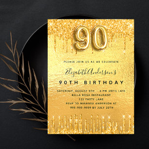 90th birthday party gold glitter drips luxury invitation