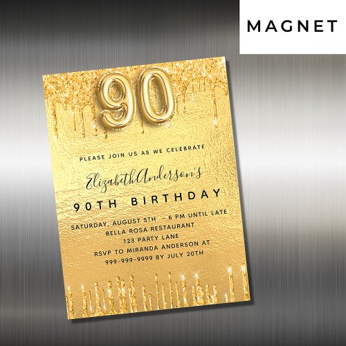 90th birthday party gold glitter invitation magnet