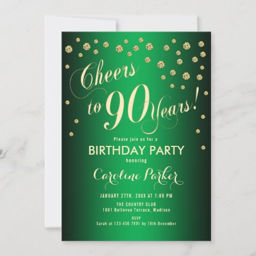 90th Birthday Party _ Gold Green Invitation