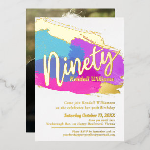 90th Birthday party gold photo bright abstract art Foil Invitation