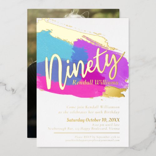 90th Birthday party gold photo bright abstract art Foil Invitation