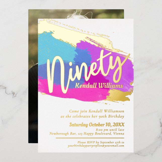 90th Birthday party gold photo bright abstract art Foil Invitation (Front/Back)