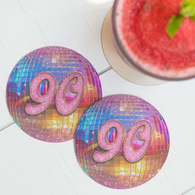90th Birthday Party Gold Pink Glitter Disco Ball Round Paper Coaster (Creator Uploaded)