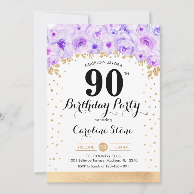 90th Birthday Party - Gold Purple Flowers Invitation (Front)