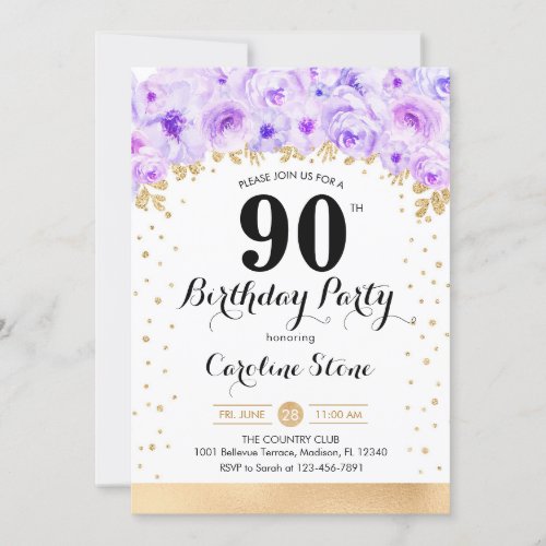 90th Birthday Party _ Gold Purple Flowers Invitation