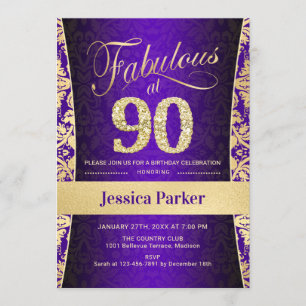 90th Birthday Party - Gold Purple Invitation