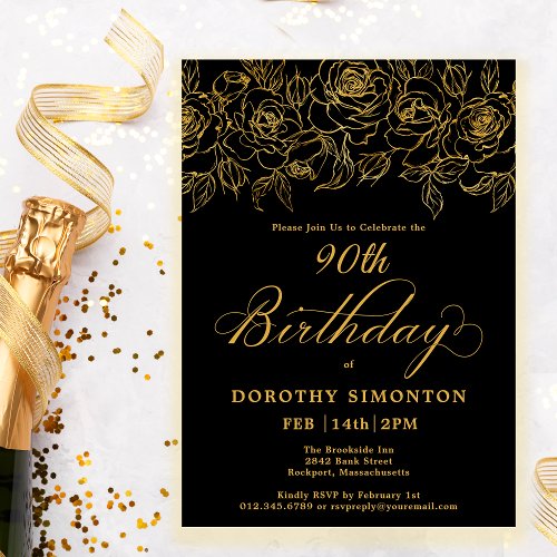90th Birthday Party Gold Rose Floral Black Invitation