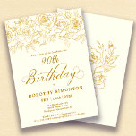 90th Birthday Party Gold Rose Floral Ivory White Invitation<br><div class="desc">Elegant open line gold roses create the perfect top border. The ivory white background gives it a sophisticated warm glow and the calligraphy adds a luxe touch. This invitation is part of the Luxe Gold Rose Collection. It contains templates for birthday suite stationery,  welcome signs and party decorations.</div>