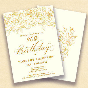 90th Birthday Party Gold Rose Floral Ivory White Invitation