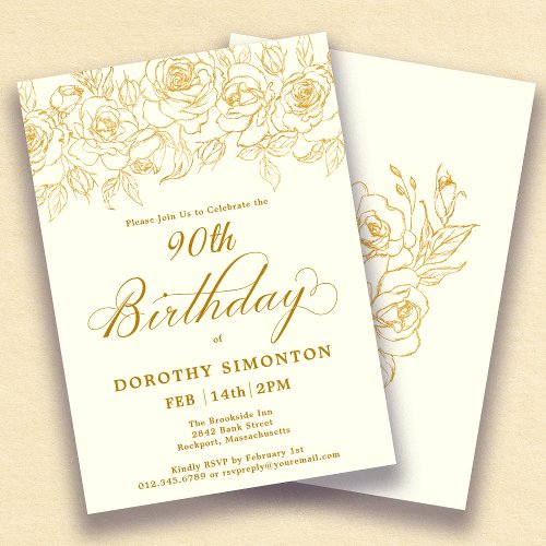 90th Birthday Party Gold Rose Floral Ivory White Invitation