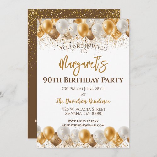 90th Birthday Party Gold Silver Balloons Invitation