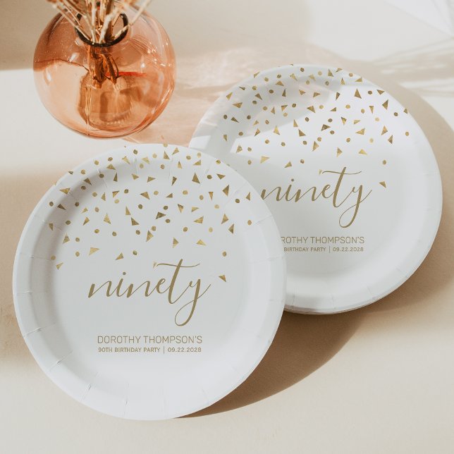 90th Birthday Party Gold Triangle Confetti White Paper Plates (Creator Uploaded)