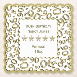 90th Birthday Party Gold/White Pattern Theme Paper Coaster