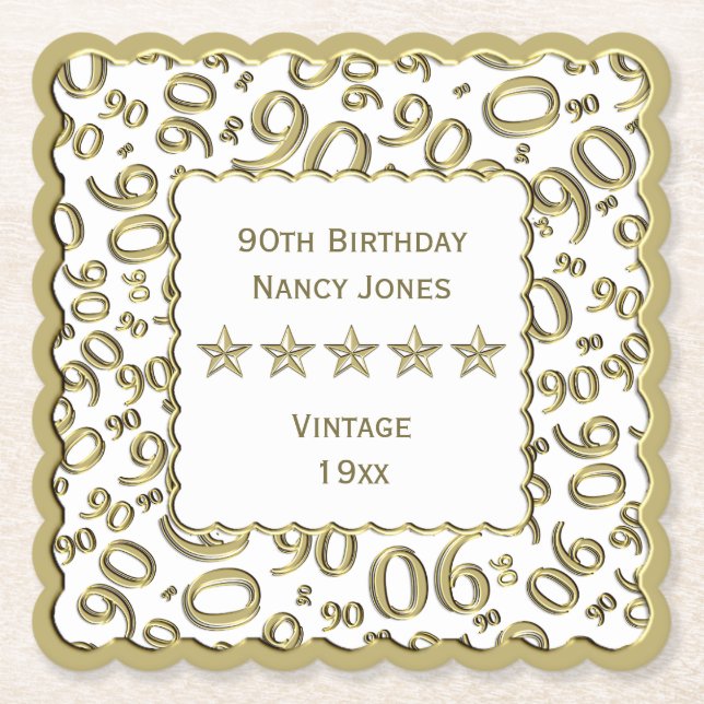 90th Birthday Party Gold/White Pattern Theme Paper Coaster (Front)