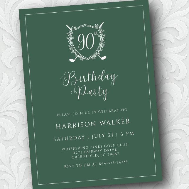 90th Birthday Party Golf Crest Elegant Script Sage Invitation (Easy to personalize in minutes.)