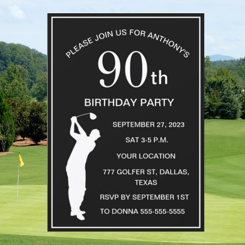 90th Birthday Party Golfer Black Par Adult Golf Invitation
