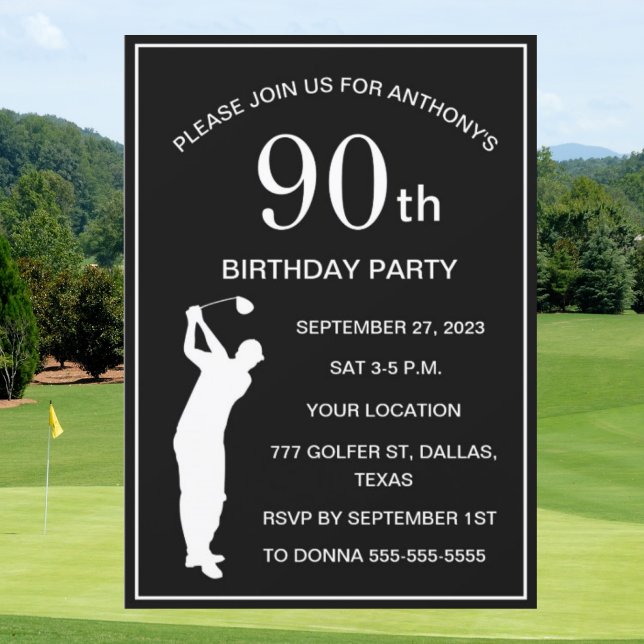 90th Birthday Party Golfer Black Par Adult Golf Invitation (Creator Uploaded)