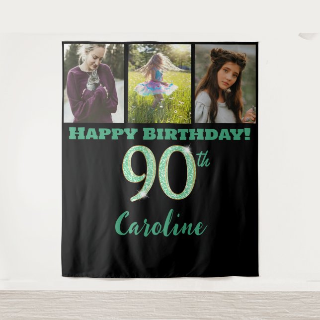 90th Birthday Party, Green Glitter & 3 photos Tapestry (Front)