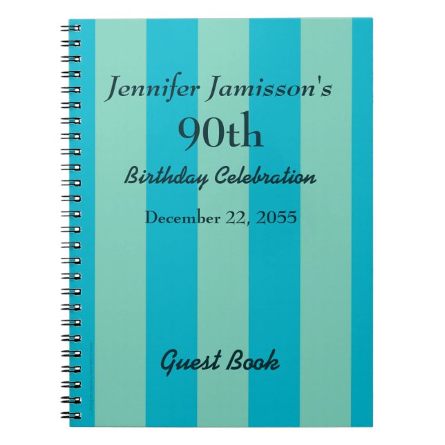 90th Birthday Party Guest Book Blue & Green Stripe (Front)