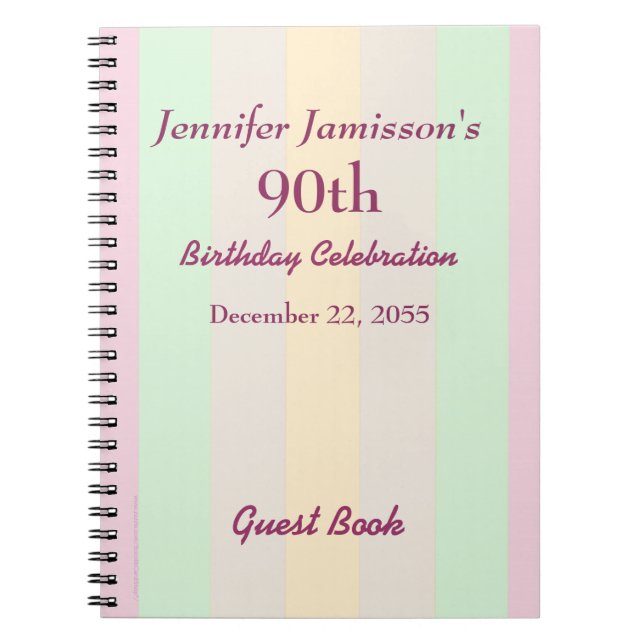 90th Birthday Party Guest Book Pastel Stripe (Front)