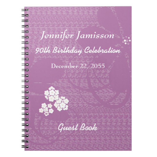 90th Birthday Party Guest Book Purple Floral  (Front)