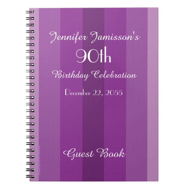 90th Birthday Party Guest Book Purple Stripe
