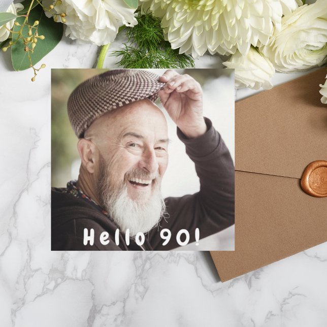 90th birthday party hello 90 guy white photo invitation (Creator Uploaded)