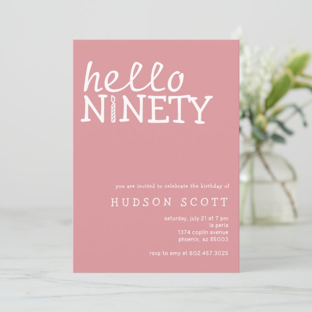  90th Birthday Party Hello Ninety Modern Pink Invitation (Standing Front)