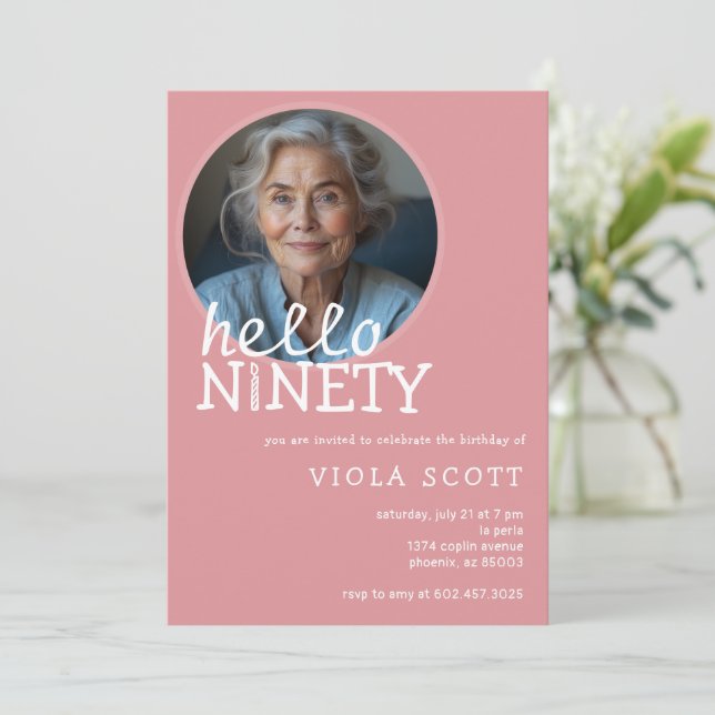 90th Birthday Party Hello Ninety Photo Pink  Invitation (Standing Front)