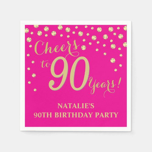 90th Birthday Party Hot Pink and Gold Diamond Napkins