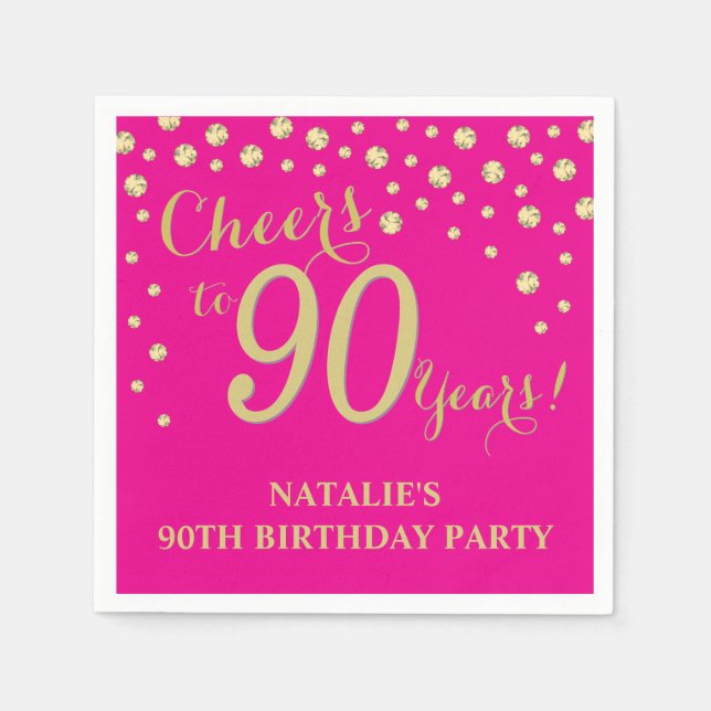 90th Birthday Party Hot Pink and Gold Diamond Napkins (Front)