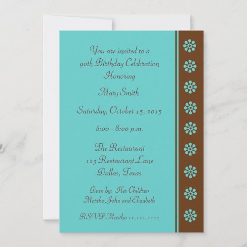 90th Birthday Party Invitation -- Aqua and Brown