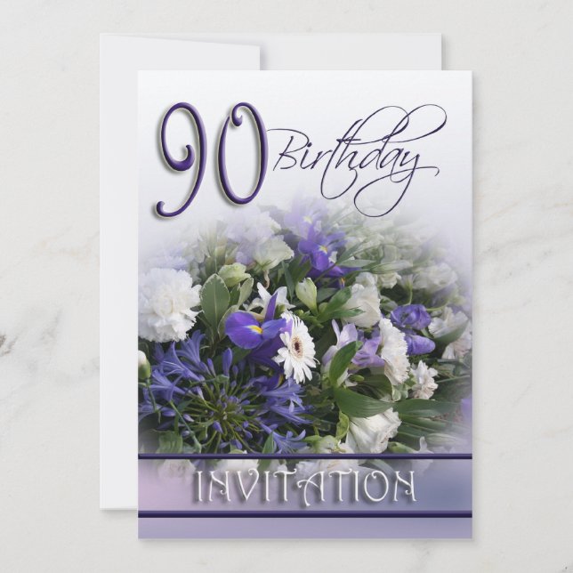 90th Birthday Party Invitation - Blue bouquet (Front)