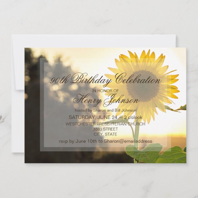 90th Birthday Party Invitation Featuring Sunflower (Front)