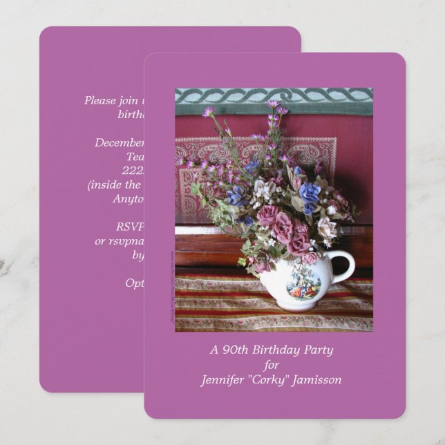 90th Birthday Party Invitation, Flowers in Teapot Invitation (Front/Back)