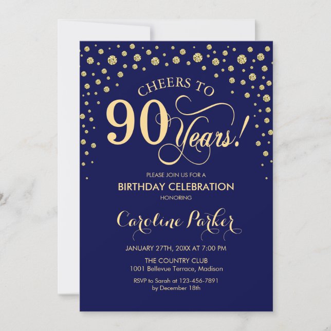 90th Birthday Party Invitation - Gold Navy Blue (Front)