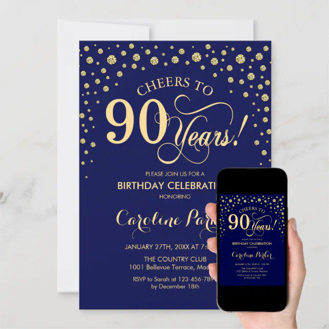 90th Birthday Party Invitation - Gold Navy Blue | Zazzle