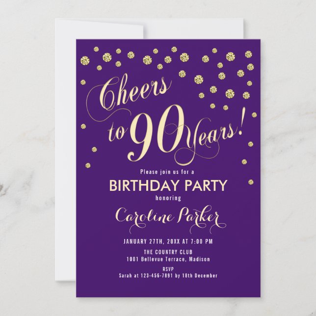 90th Birthday Party Invitation - Gold Purple (Front)