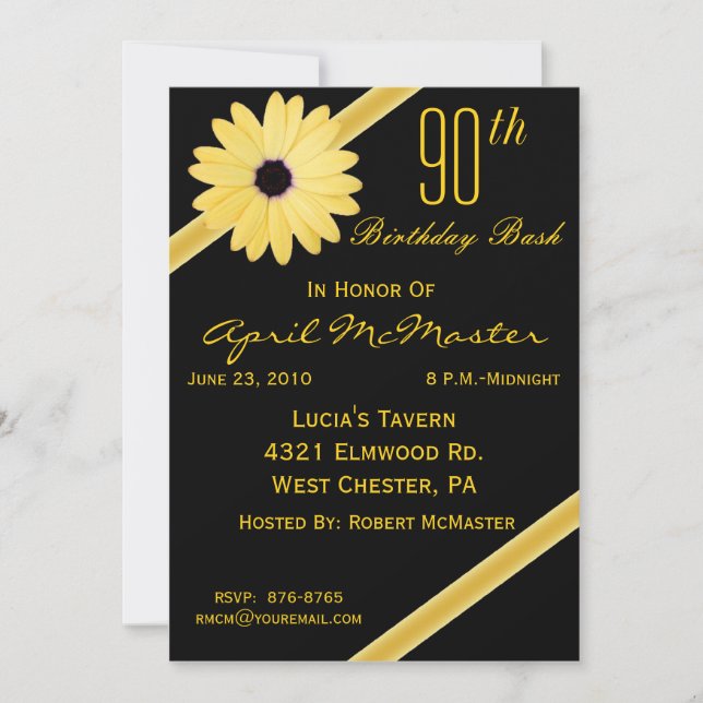 90th Birthday Party Invitation in Black & Gold (Front)