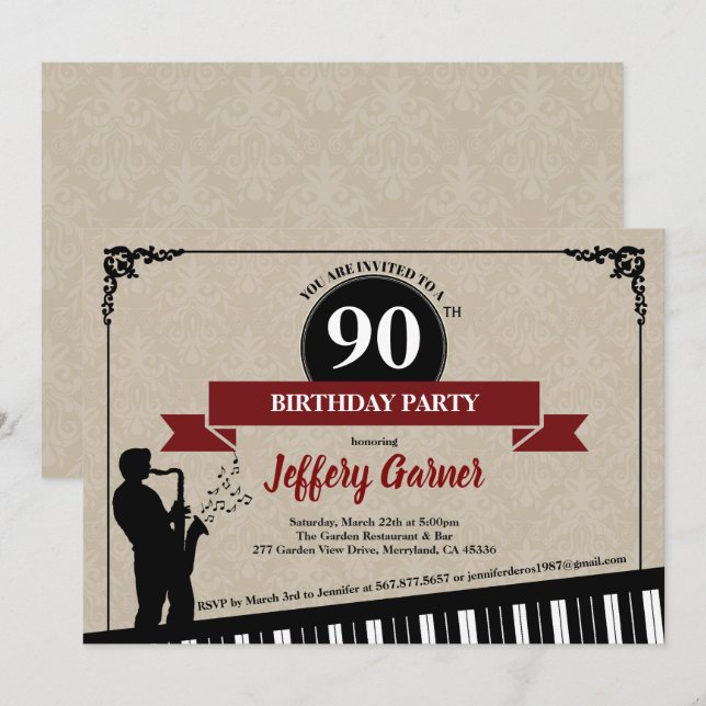 90th birthday party invitation Jazz music theme (Front/Back)