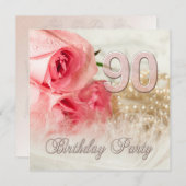 90th Birthday party invitation, roses and pearls Invitation (Front/Back)