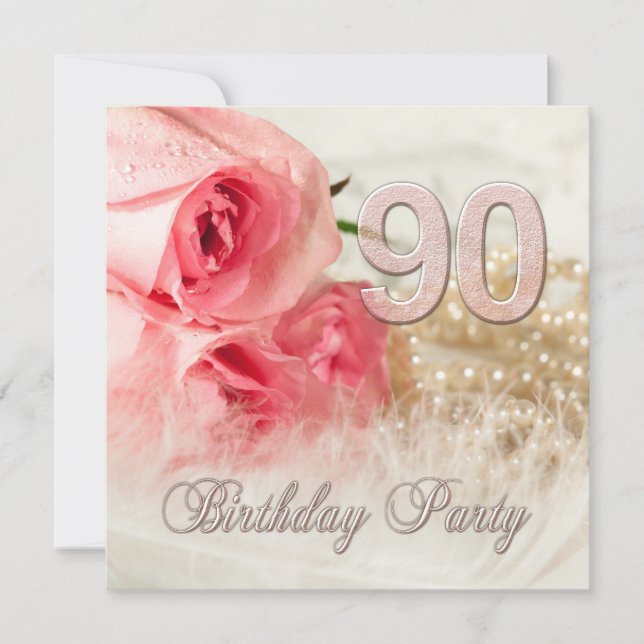 90th Birthday party invitation, roses and pearls Invitation (Front)