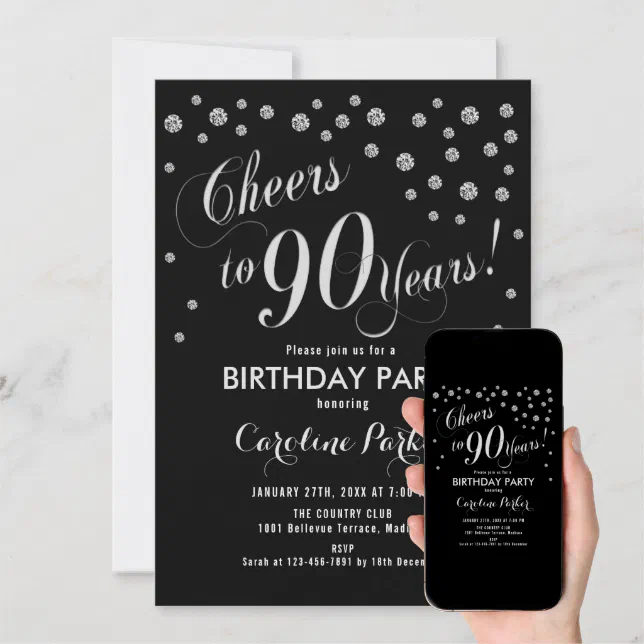 90th Birthday Party Invitation - Silver Black | Zazzle