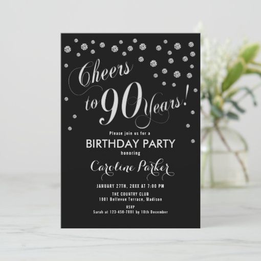 90th Birthday Party Invitation - Silver Black | Zazzle