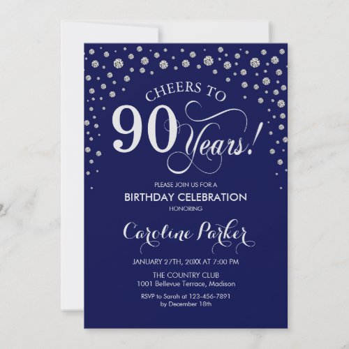 90th Birthday Party Invitation _ Silver Navy Blue