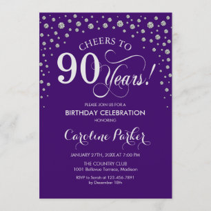 90th Birthday Party Invitation - Silver Purple
